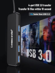 USB 3.0 hub with display of transfer speed benefits on a dark background
