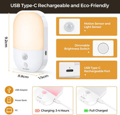 USB Type-C rechargeable night light with features highlighted on a white background