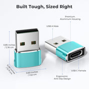 USB adapter with measurements and features highlighted on a white background
