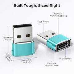 USB adapter with measurements and features highlighted on a white background
