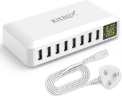  USB charger with multiple ports and a cable on a white background