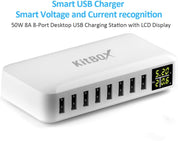  USB charging station with multiple ports and digital display on a white background