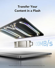 USB flash drive with laptop on a light blue background, emphasizing high-speed transfer.
