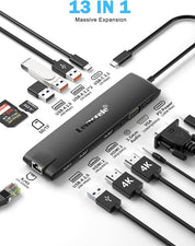  USB hub with various ports and cables on a white background