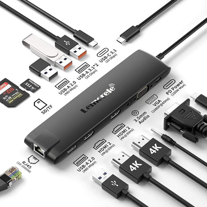 USB hub with various ports and cables on a white background