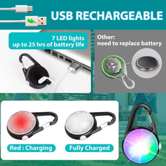 USB rechargeable LED light with charging and fully charged indicators on a green background.