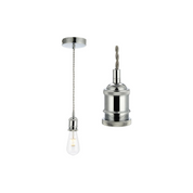 Chrome pendant light fixture with a visible bulb on a white background