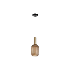 Pendant light with gold fixture and ribbed glass shade on a white background