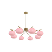 Chandelier with pink glass shades and gold metal structure on a white background
