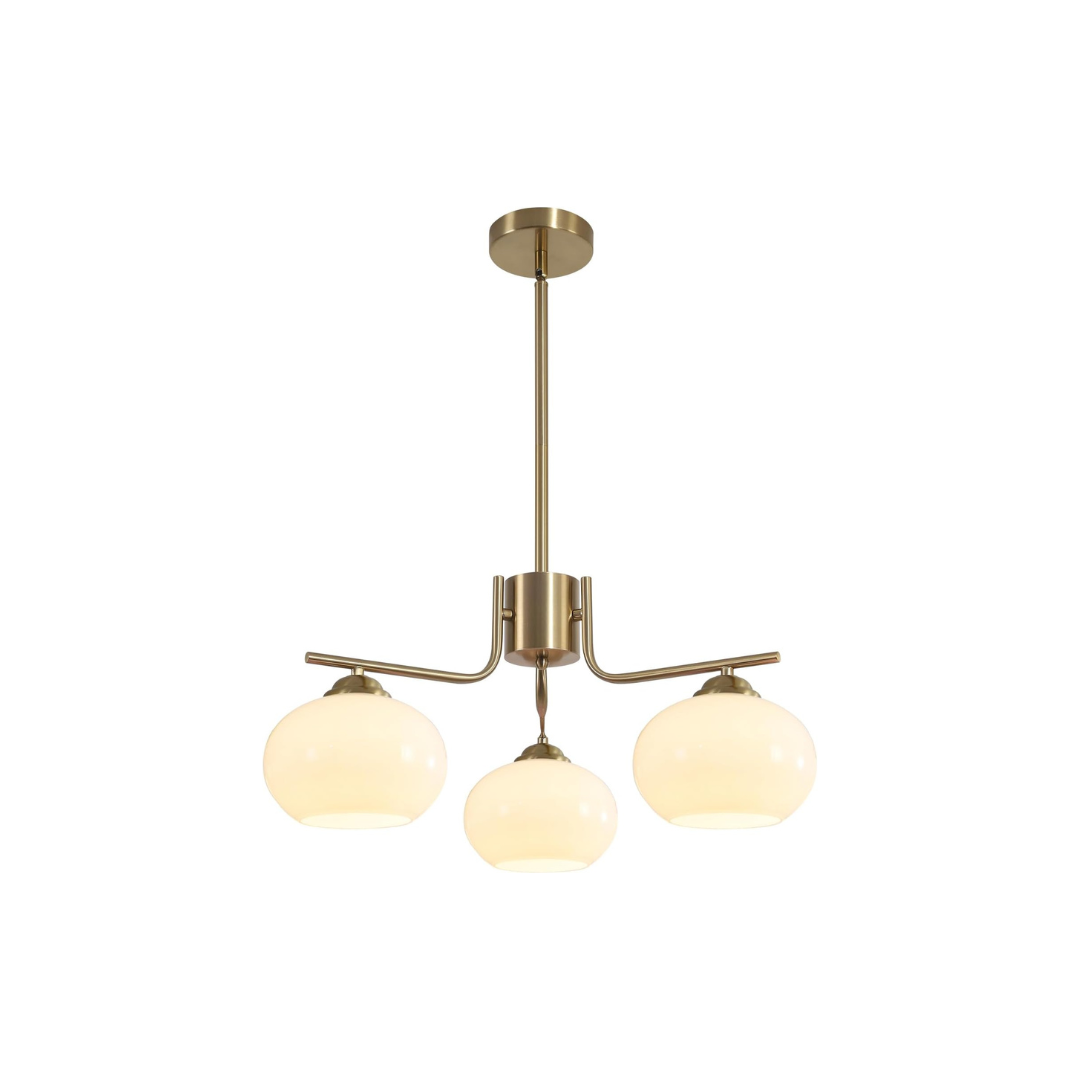 Modern pendant light with three glass shades on a white background