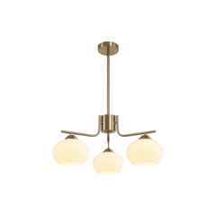 Modern pendant light with three glass shades on a white background
