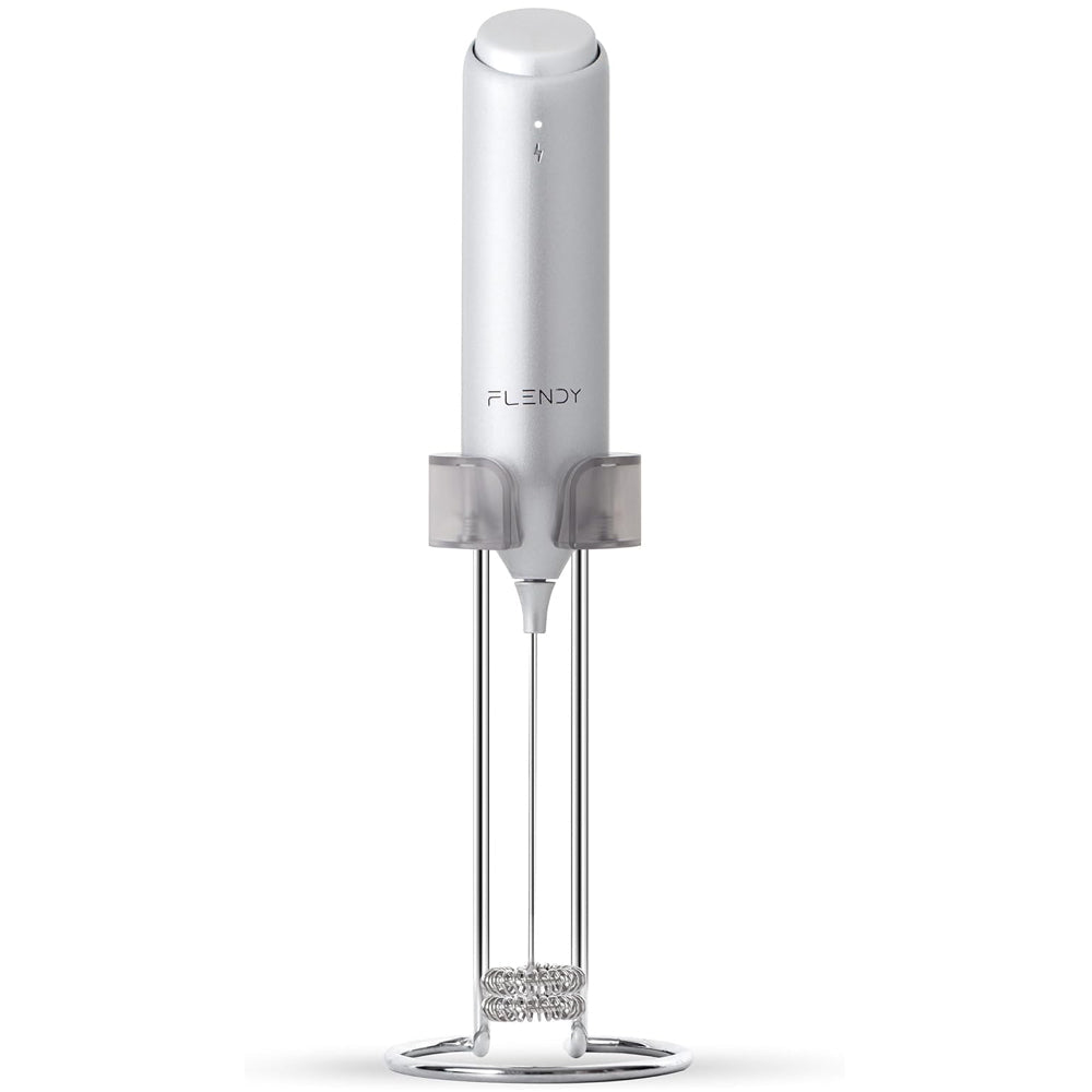 Rechargeable Milk Frother Handheld with USB-C Charging Stand Silver
