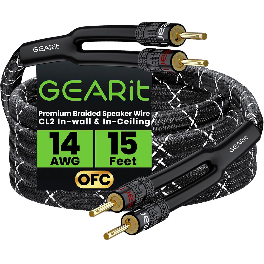 2x2.5mm≤ Speaker Wire with Banana Plugs (4.57 Meters - Black) OFC Oxygen-Free Copper, CL2 In-Wall Speaker Cable, Heavy-Duty Braided - 14 Gauge AWG, 10 Feet