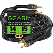 2x2.5mm≤ Speaker Wire with Banana Plugs (4.57 Meters - Black) OFC Oxygen-Free Copper, CL2 In-Wall Speaker Cable, Heavy-Duty Braided - 14 Gauge AWG, 10 Feet