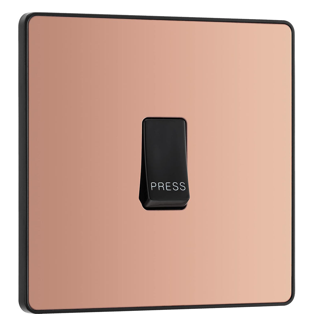 BG Electrical Single Retractive Press Switch, Screwless Front Plate, Round Edges, 1 Way, Evolve, Polished Copper, 10A, PCDCP14B