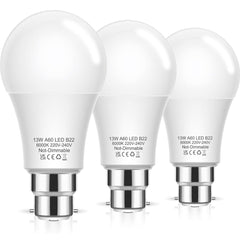 Bayonet Light Bulbs, 100W Equivalent B22 LED Bulbs Bayonet, 6000K Cool White, 1200LM, 13W Daylight Bulbs BC GLS A60 Energy Saving for Chandelier, Living Room, Non-dimmable, Pack of 3 [Energy Class F] Visit the Flaspar Store