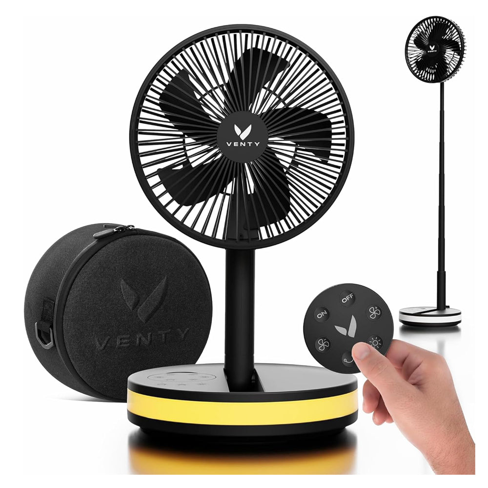 Portable Wireless Rechargeable Fan with LED & Remote Control - Black