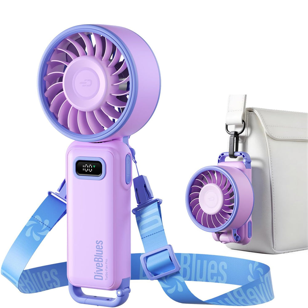 Diveblues Portable Turbo Fan, Handheld Fan 3-in-1 Neck Desk Foldable Design with Stepless Speed Control, Digital Display, USB-C Rechargeable, Up to 12H Cooling for Travel & Outdoor