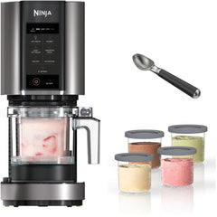 CREAMi Ice Cream & Frozen Dessert Maker with 7 Pre-Set Programmes – Includes 5 Extra Tubs with Lids & Scoop – Black & Silver
