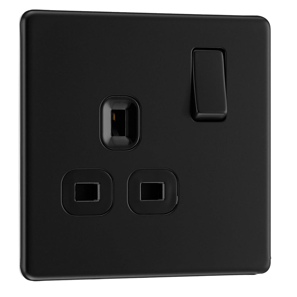 BG Electrical Single Switched Power Plug Wall Socket, Screwless Front Plate, Slim Profile, Premium Flatplate, Matt Black, 13A, FFB21B