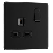 BG Electrical Single Switched Power Plug Wall Socket, Screwless Front Plate, Slim Profile, Premium Flatplate, Matt Black, 13A, FFB21B