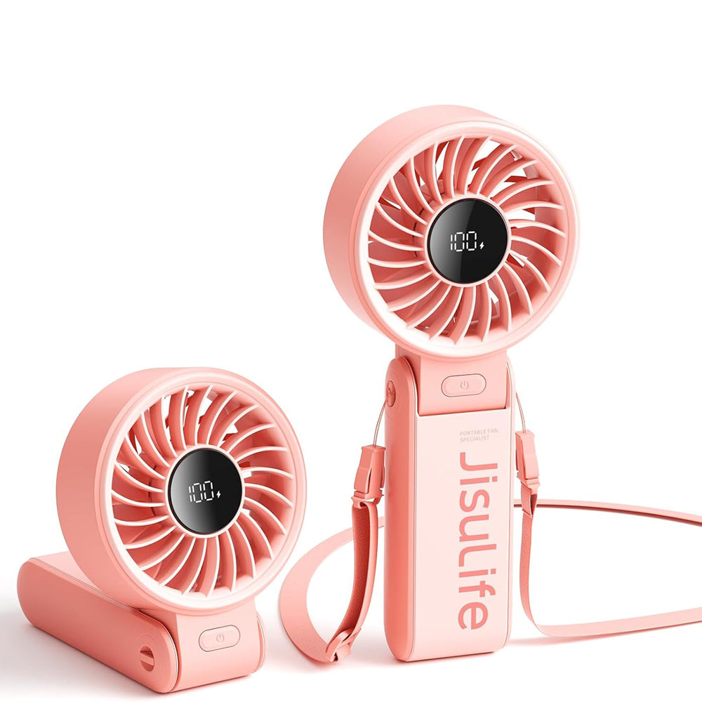 JISULIFE Handheld Fan Life7 – Ultimate Flexibility: High-Power Motor, LED Display, 5000mAh Rechargeable, 5-Speed, Foldable Design, 3-IN-1 Portable Hand/Desk/Neck Fan for Travel, Gift for Women (Pink)
