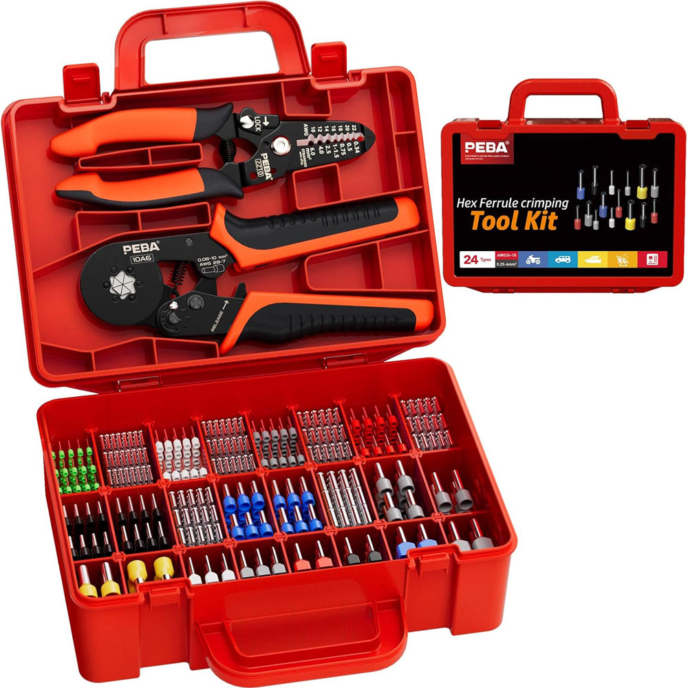 Ferrule Crimping Tool Kit, Hexagon Pliers AWG28-7, 24 Sizes Ferrules(AWG24-8) & Wire Stripper for Electrical Wiring/DIY Terminals | Self-Adjusting Ratchet Crimper - Copper Ferrule Kit