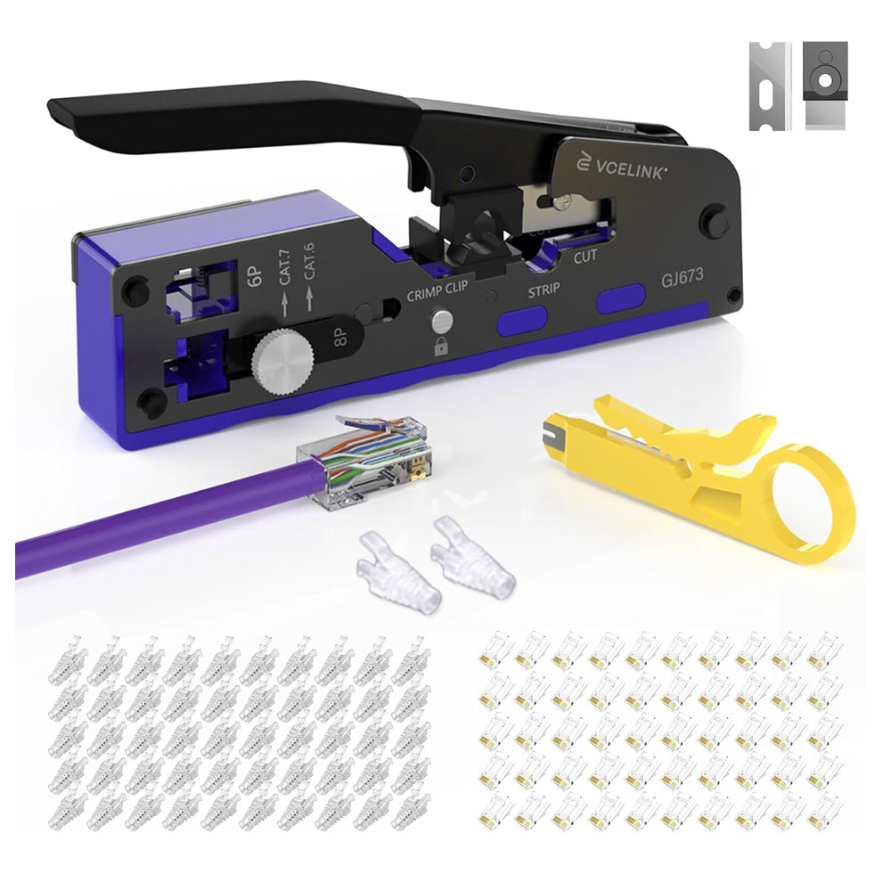 RJ45 Pass Through Crimp Tool Kit with Cat6 Connectors