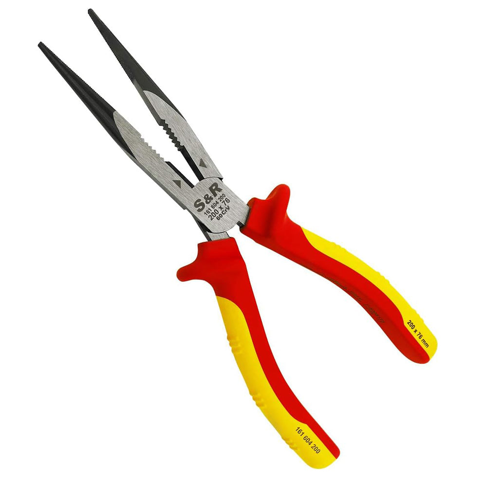 S&R VDE Long Flat Nose Pliers 200mm – 1000V Insulated