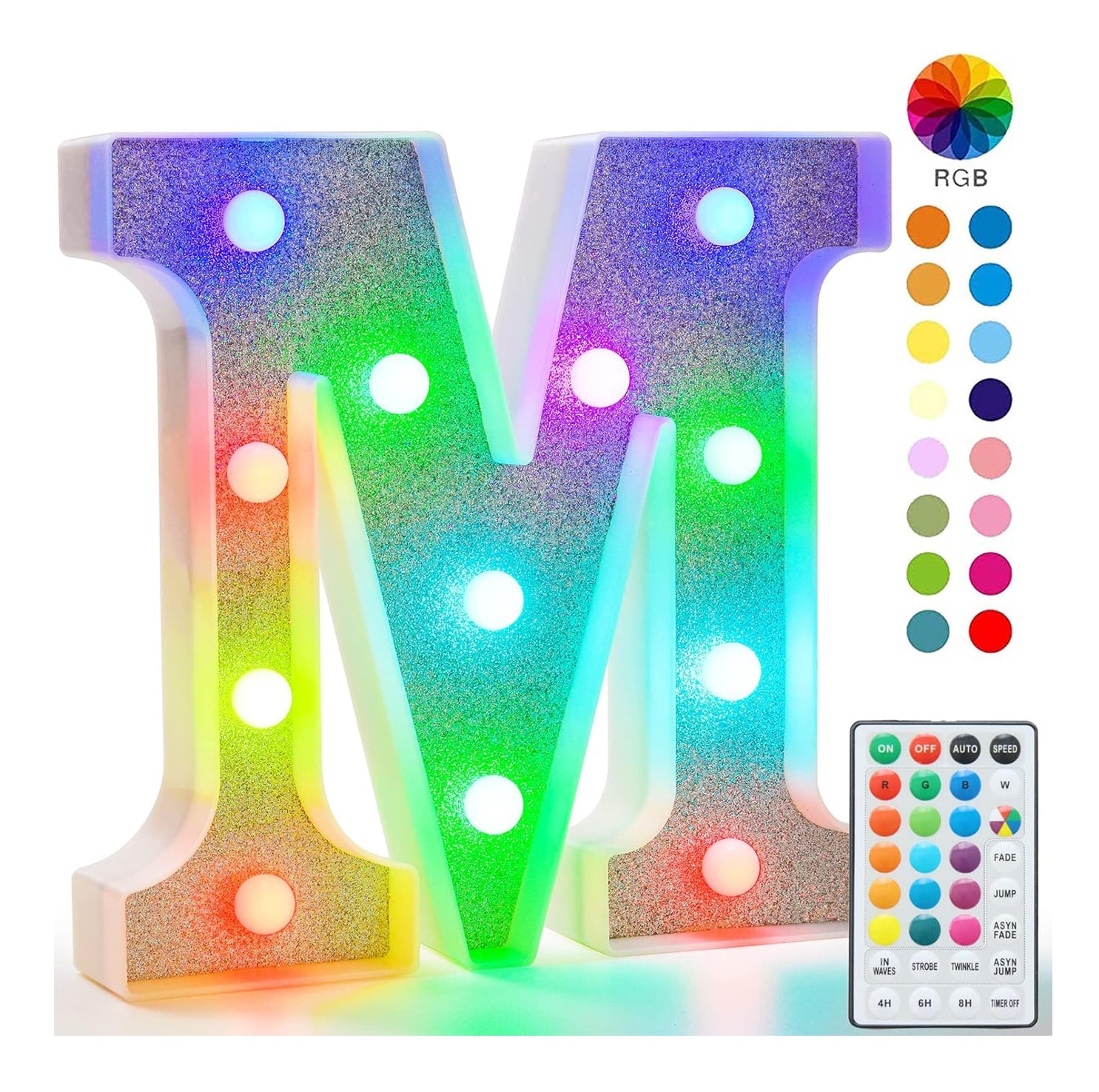 Glitter LED Letter Light M with Remote 18 Colors