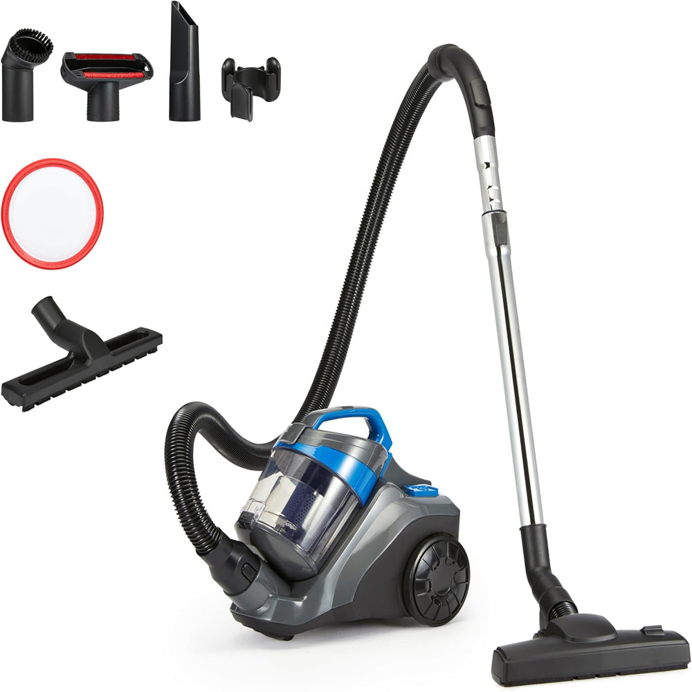 Amazon Basics 850W Bagless Cylinder Vacuum Cleaner 1.7L – Compact Lightweight Design with Triple-Action Nozzle & HEPA Filter – Black & Blue (UK)