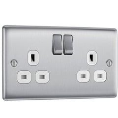 Double Switched 13A Brushed Steel Power Socket