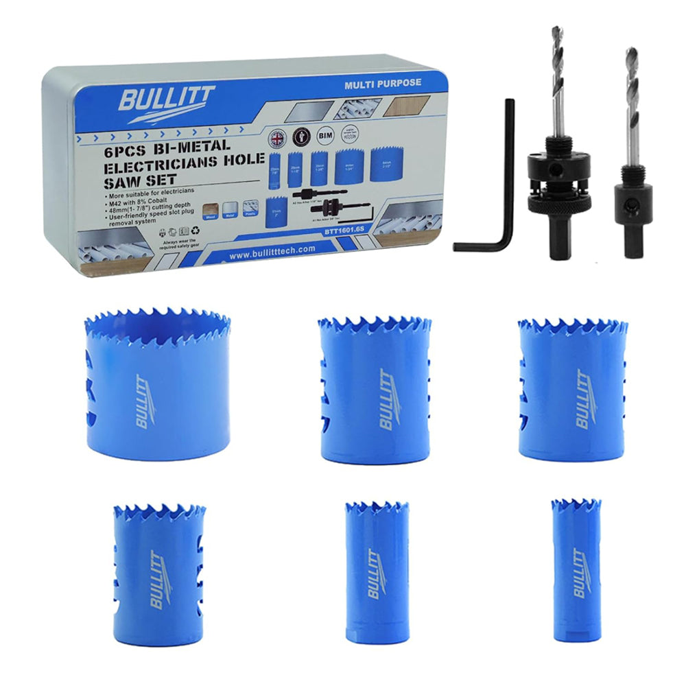 BULLITT 6PCS Bi-Mteal Electricians Hole Saw Set,22-64mm 8% Cobalt M42 Hole Saw Kit with 2 Arbors and a Hexagonal Wrench for Wood,Metal,Plastic,Cutting Depth:48mm