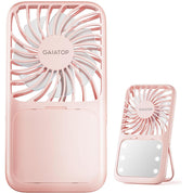 gaiatop Portable Handheld Fan, Folding Stand for Desktop, 3 Speed LED Makeup Mirror with Light, Rechargeable Mini Personal Fans Small Travel Essentials Gifts for Women Girls Pink