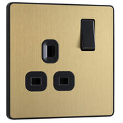 Single Switched Power Plug Socket Satin Brass 13A