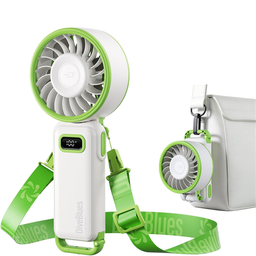 Diveblues Portable Turbo Fan, Handheld Fan 3-in-1 Neck Desk Foldable Design with Stepless Speed Control, Digital Display, USB-C Rechargeable, Up to 12H Cooling for Travel & Outdoor