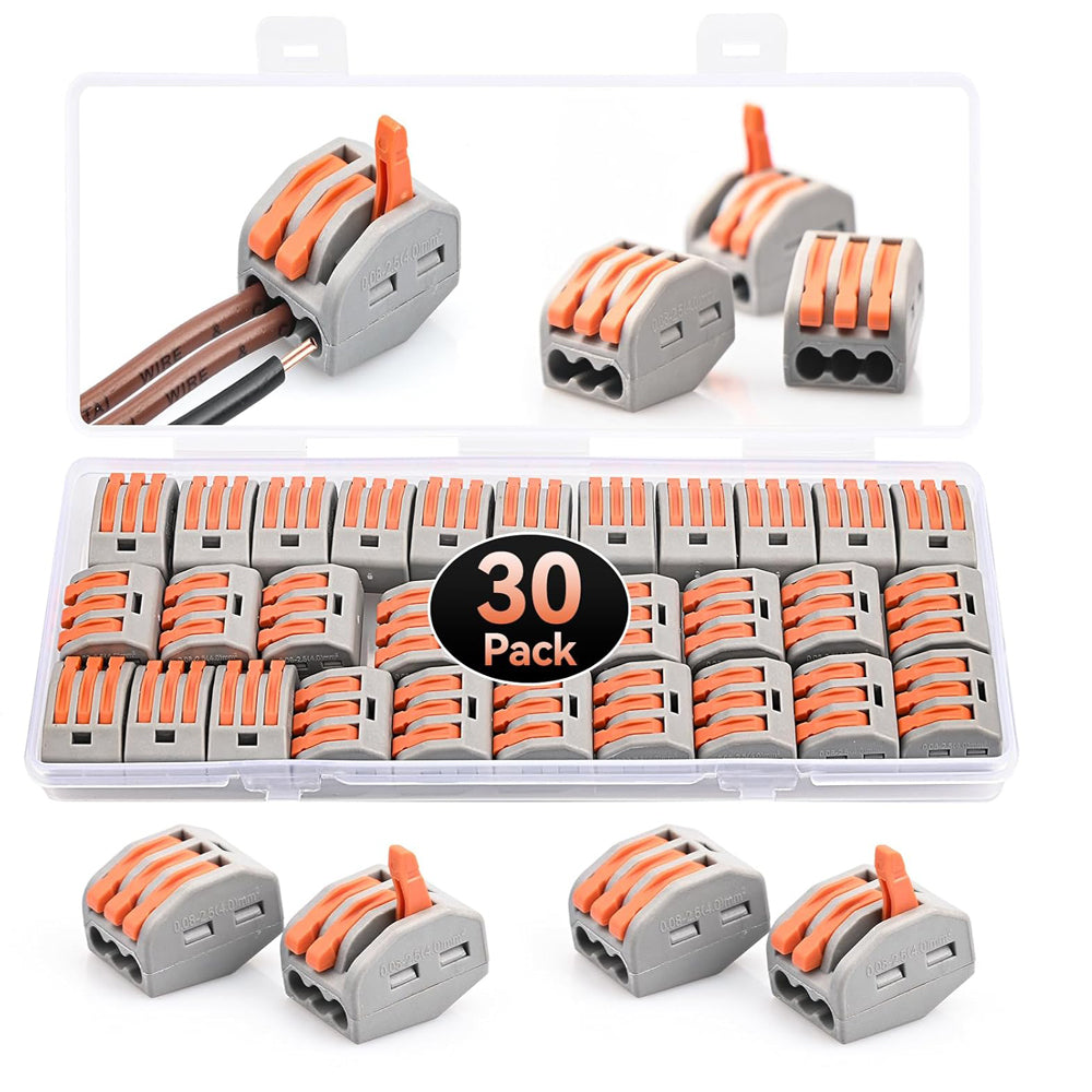 Preciva 30pcs Wire Connectors, Electrical Connector Blocks, 3 Way Compact Cable Terminals Clips Terminal Block Quick Spring, Lever Nut Assortment Conductor with Clamp 3-Port (30PCS)