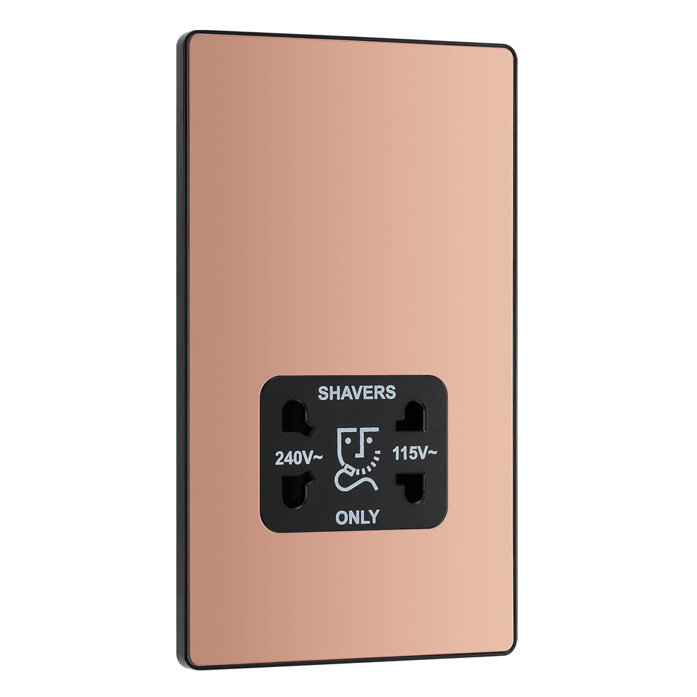 BG Electrical Dual Voltage Shaver Plug Socket, Electric Toothbrush Charger Socket for Bathrooms, Screwless Front Plate, Round Edges, Evolve, 2-Pin, Polished Copper, 115V / 240V, PCDCP20B