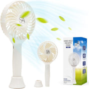 SA Products Handheld Fan with 3 Speeds | 3000 mAh USB Rechargeable Portable Mini Fan with Stand | Desk & Handheld Use – White