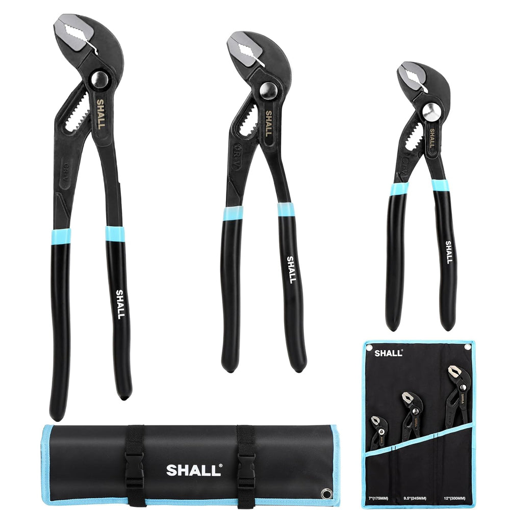 SHALL 3-Piece Groove Joint Pliers Set (12, 9-1/2, 7 Inch), Push-Lock Water Pump Pliers in Cr-v Steel, Fast Adjustable Tongue and Groove Pliers with Tool Roll Bag for Home Repair & Plumbing