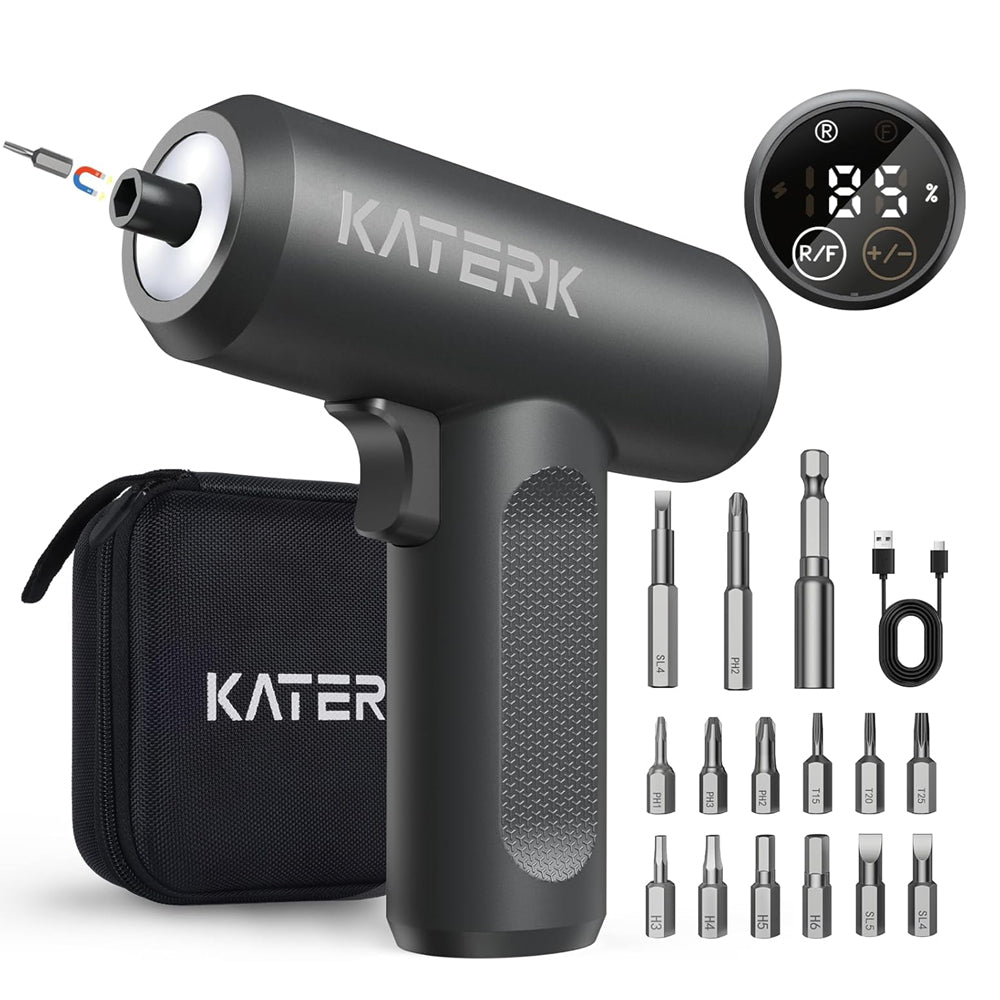 Electric Screwdriver Set - 4V Cordless Screwdriver 2500mAh - 5 Torque Settings Electrical Screwdriver 250RPM 5N·m Max - Digital Screen Power Tools for Furniture Repairs, LED, 15 S2 Metal Bit, 1/4" Hex