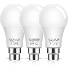 B22 Bayonet Light Bulbs 100W Equivalent, 13W LED Bulbs Bayonet Warm White 3000K, 1200lm BC A60 B22 Light Bulb Bayonet, Non-Dimmable for Indoor Home Lighting, 3 Pack [Energy Class F]