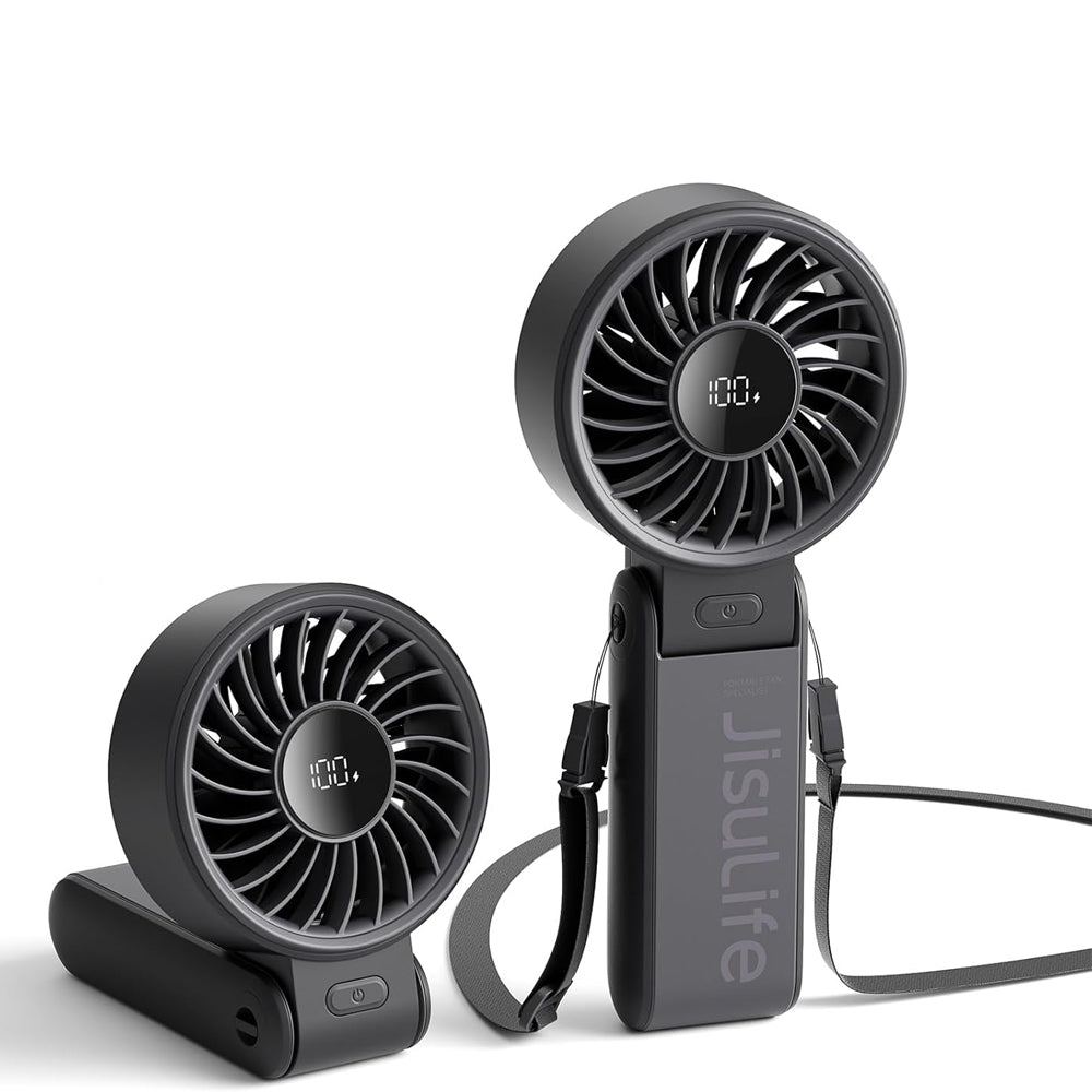 JISULIFE Handheld Fan Life7 – Ultimate Flexibility: High-Power Motor, LED Display, 5000mAh Rechargeable, 5-Speed, Foldable Design, 3-IN-1 Portable Hand/Desk/Neck Fan for Travel, Gift for Women (Black)