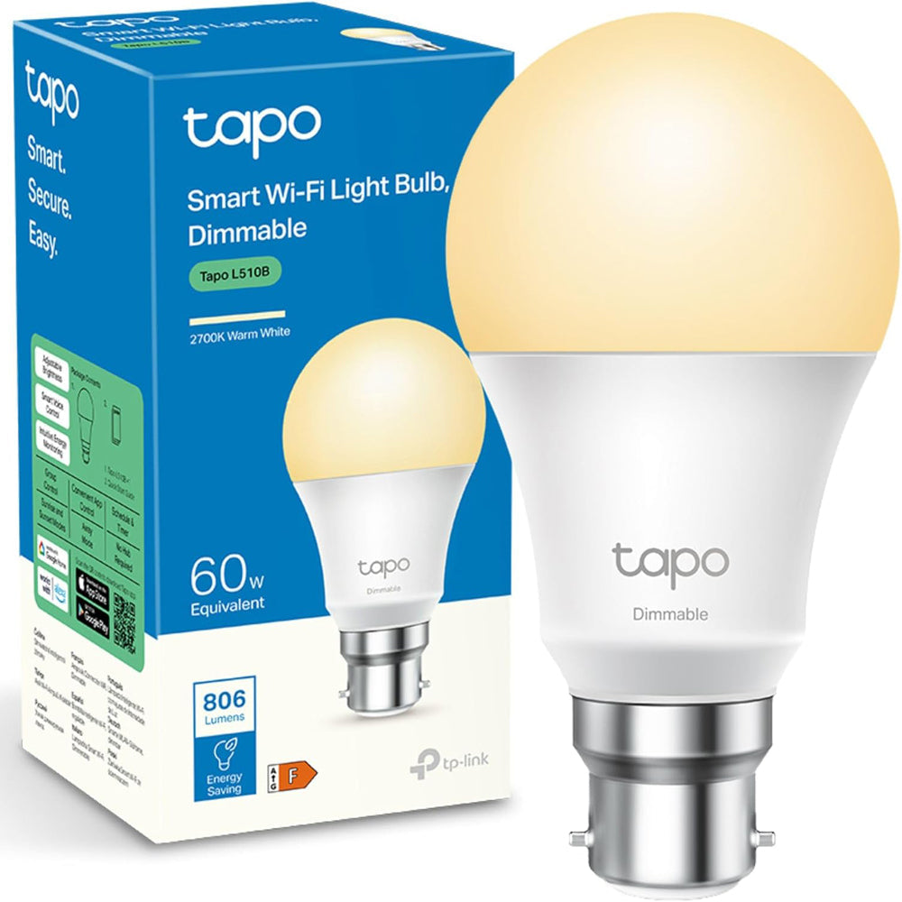 Tapo L510B WiFi Smart Bulb, B22 Smart Light Bulb, 8.3W (60W), Dimmable, Energy Saving, Schedule & Timer, Away Mode, Energy Saving, Preset for Convenience, Voice Control with Alexa & Google