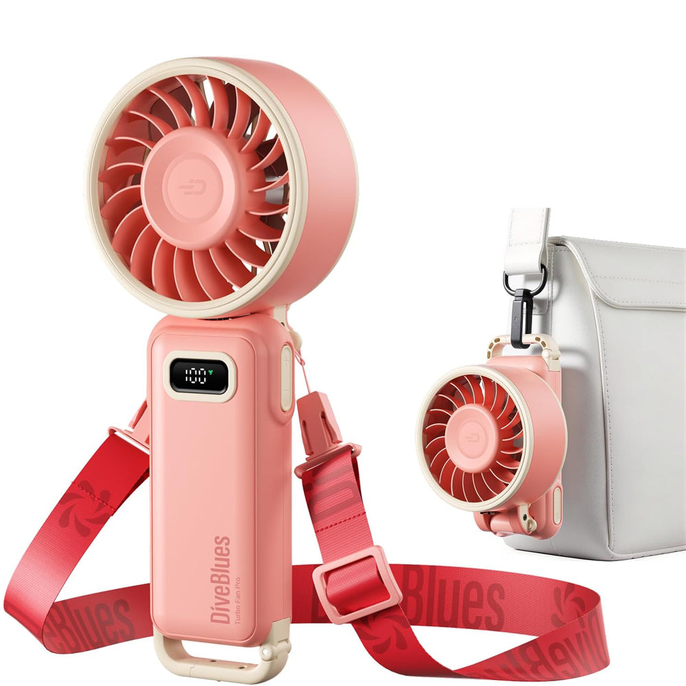 Diveblues Portable Turbo Fan, Handheld Fan 3-in-1 Neck Desk Foldable Design with Stepless Speed Control, Digital Display, USB-C Rechargeable, Up to 12H Cooling for Travel & Outdoor