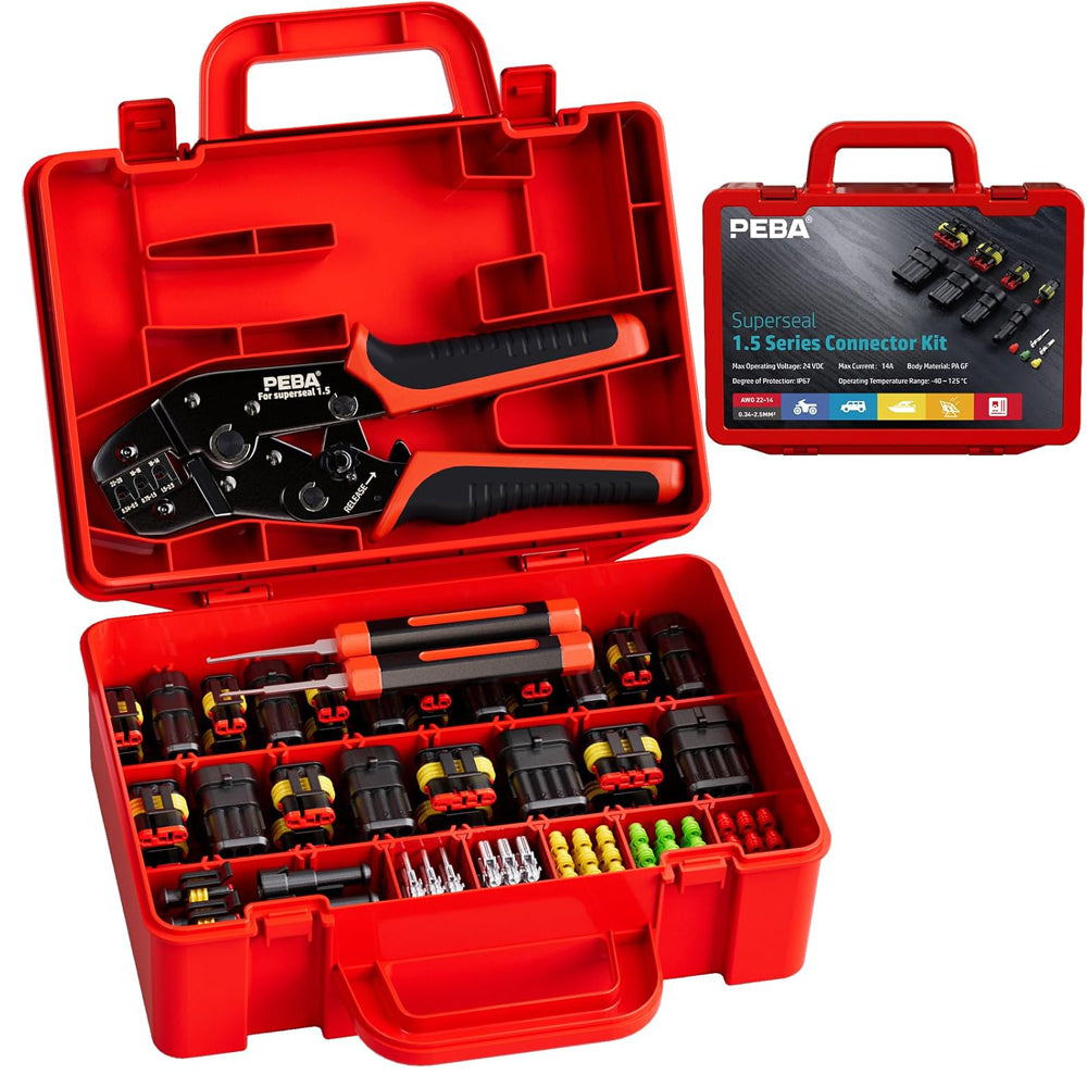 PEBA Waterproof Automotive Electrical Connectors Kit, Automotive Male/Female 1/2/3/4-Pin & Connector Plug and Ratchet Crimping Tool AWG 22-14, Ideal for Cars, Motorcycles & Boats | Pin Removal Tool