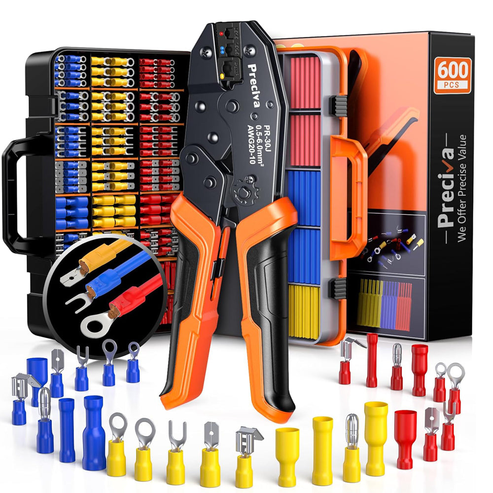 Preciva 600-Piece Professional Crimping Tool Set, Includes Crimper Tool for 0.5-6mm² Wires (AWG 20-10), 490 Insulated Ferrules, 190 Heat Shrink Tubings & 2-Layer Toolbox, for Electrical Maintenance