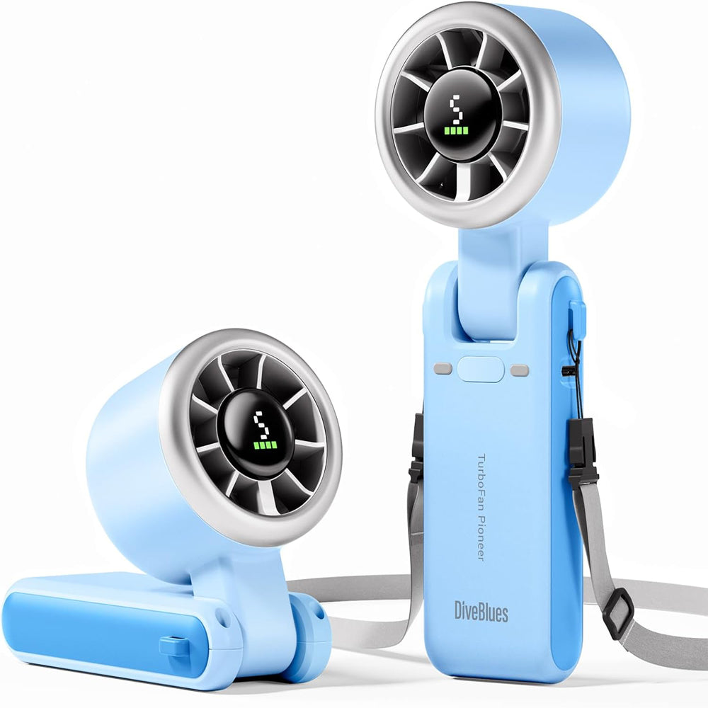 Diveblues Portable Handheld Fan, High-Speed Turbo Portable Fan, LED Display, Up to 12 Hours, 4000mAh Battery, 5 Wind Gear, Rechargeable small Hand Fan for Travel/Commute/Outdoor, Gifts for Women