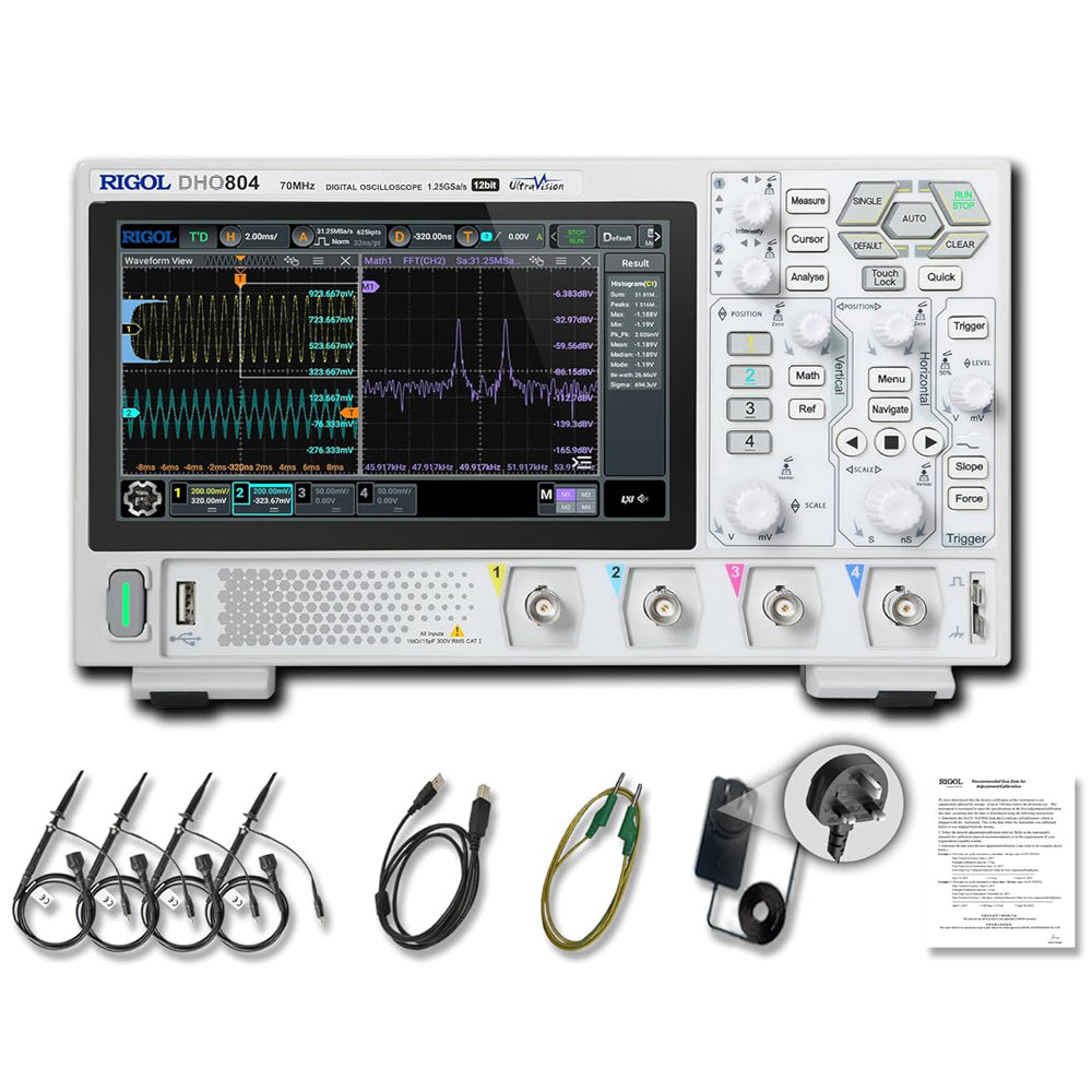 RIGOL DHO802 Portable Digital Oscilloscope, 70MHz Bandwidth, 2 Analogue Channels, 12bit Vertical Resolution, Low Noise Floor, Mobile Power Supply Supportable