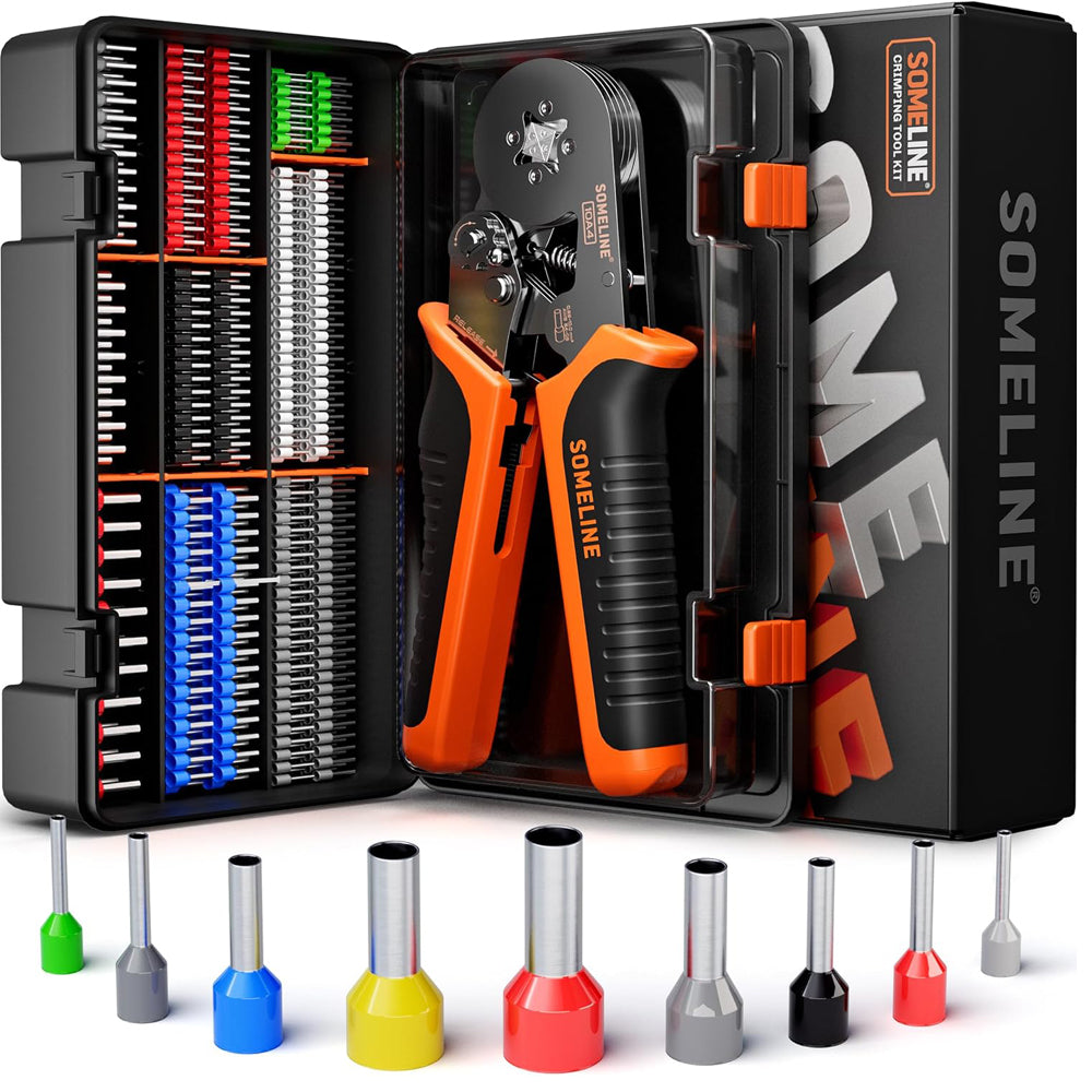 SOMELINE Crimping Pliers Wire End Ferrules Set, 0.25–10 mm² with 18 Types Insulated and Non-Insulated Wire End Ferrules, Self-Adjusting Square Crimping Pliers